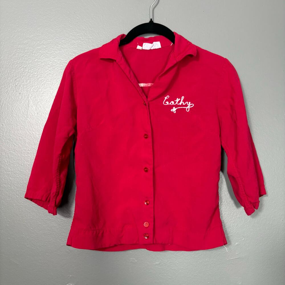 Ten Strike King Louie Vintage Red Bowling Shirt 60s Frito-Lay Cathy Chain Stitch